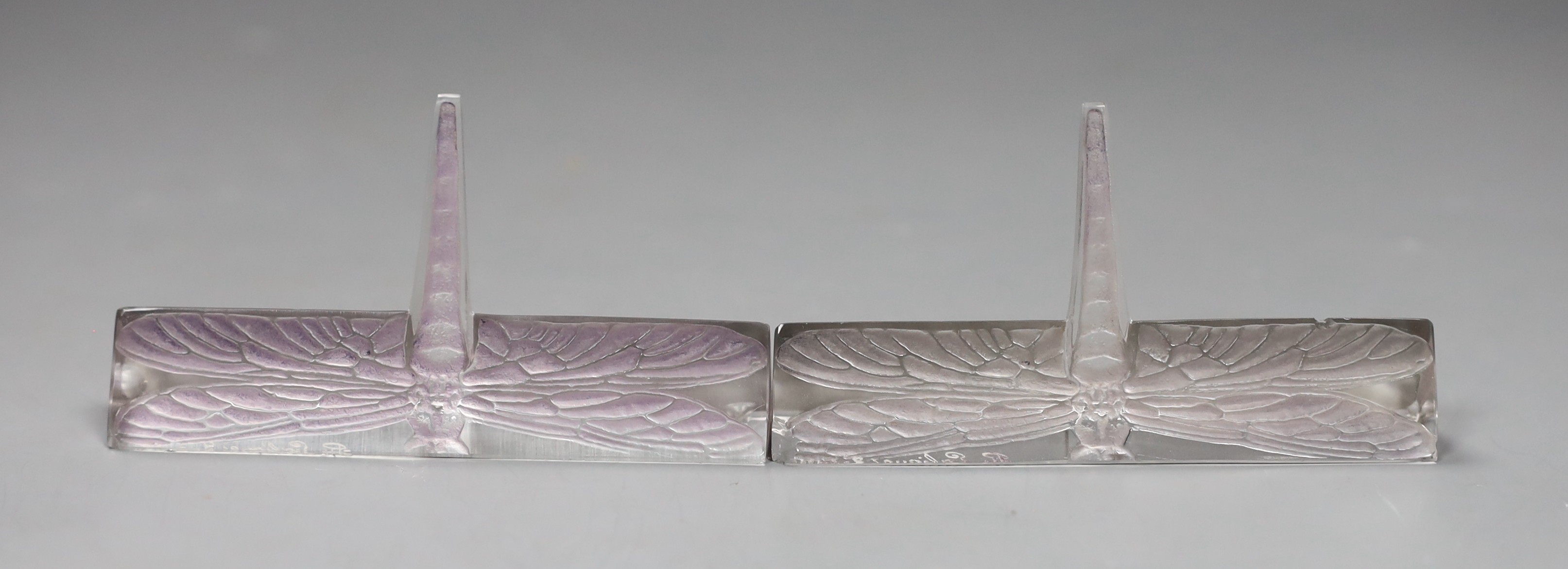 A pair of signed R. Lalique Libellule dragonfly knife rests, 10cms wide